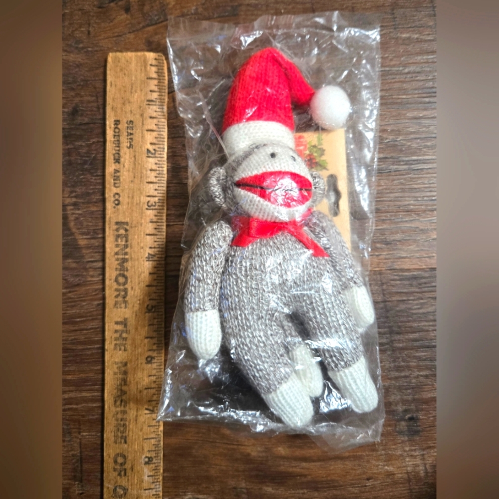 Festive Gray and Red Sock Monkey Ornament NWT